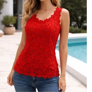 ADIVA Red Floral Embroidery Lace Mesh Tank Top Size S NWOT